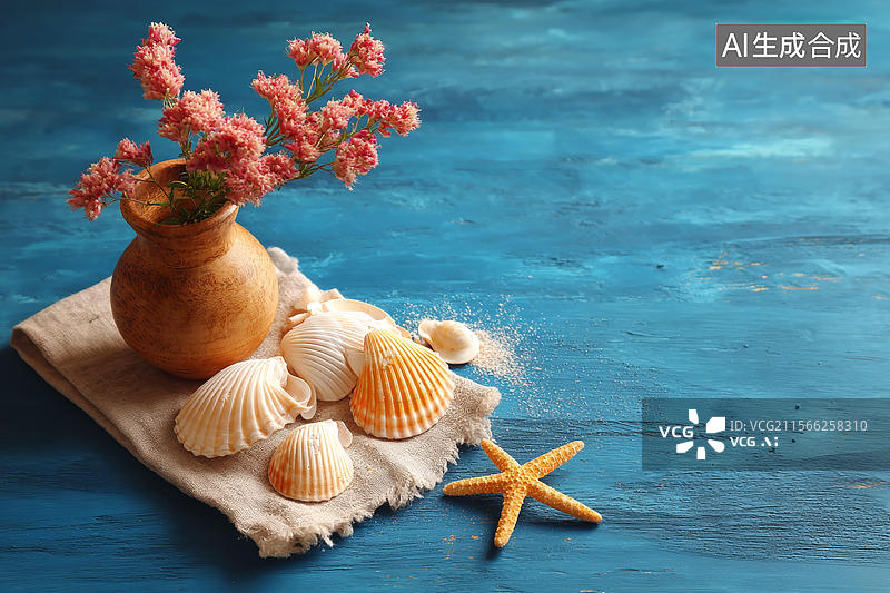 【AI数字艺术】蓝色木桌上贝壳花瓶摆件图片素材