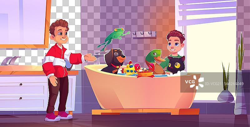 孩子们在浴缸里给狗和猫洗澡，进行宠物美容。图片素材