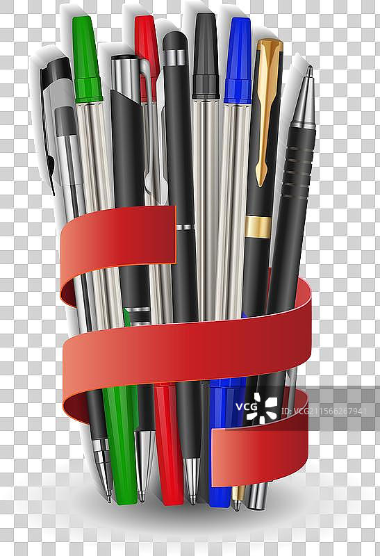 带有一套学校圆珠笔的收纳盒图片素材