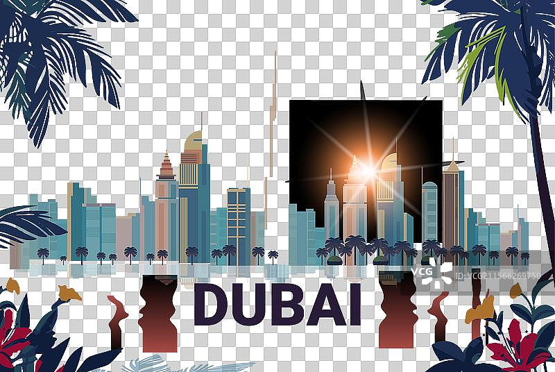 迪拜城市天际线在日落时分，伴有棕榈树和图片素材