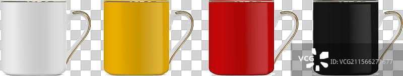 白色、黑色、红色和黄色的饮料杯正面视图图片素材