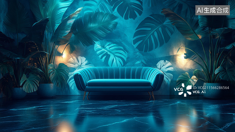 【AI数字艺术】蓝色灯光下的热带植物与沙发图片素材