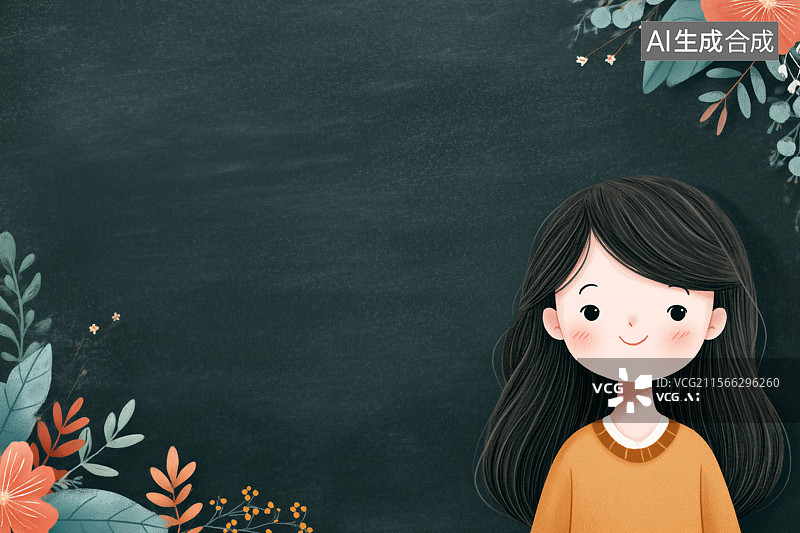 【AI数字艺术】植物环绕的女孩黑板背景图片素材