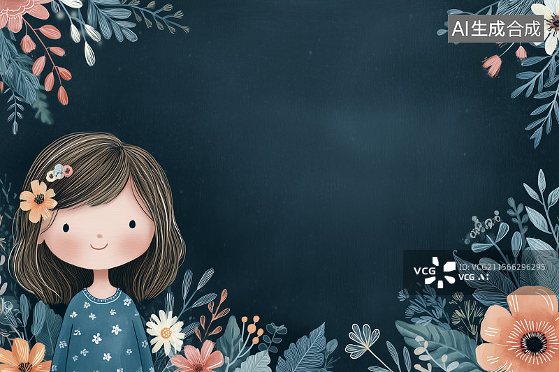 【AI数字艺术】植物环绕的女孩黑板背景图片素材