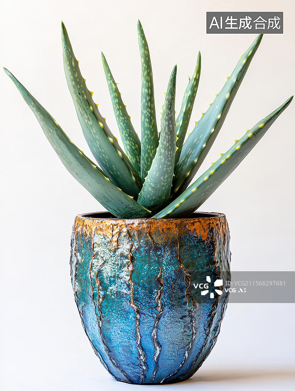 【AI数字艺术】蓝绿色陶瓷花盆中的芦荟植物图片素材