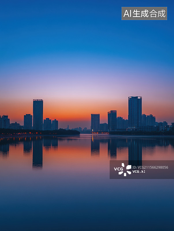 【AI数字艺术】城市天际线在黄昏时的倒影图片素材
