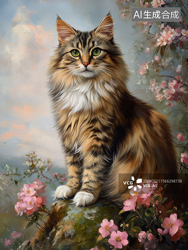 【AI数字艺术】长毛猫坐在花丛中的艺术画图片素材