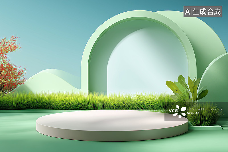 【AI数字艺术】夏天绿色草原中的产品展示舞台背景图图片素材