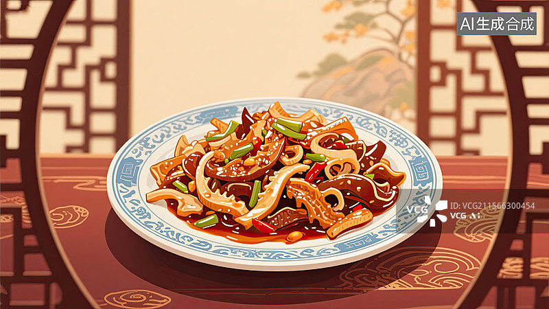 【AI数字艺术】中华美食，鲁菜，油爆双脆，炒菜，插画图片素材