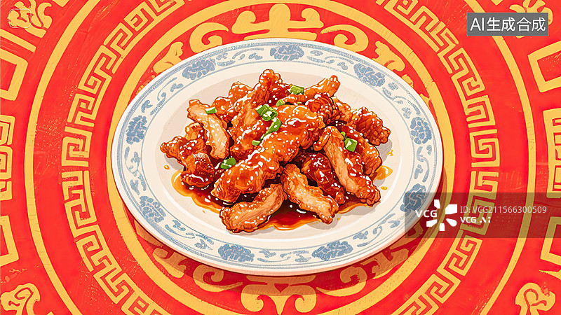 【AI数字艺术】中华美食，鲁菜，糖醋里脊，炒菜，插画图片素材