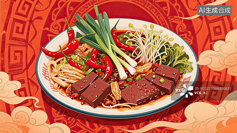 【AI数字艺术】中华美食，毛血旺，插画，川菜，食物图片素材
