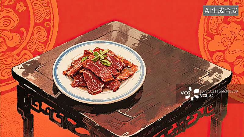 【AI数字艺术】中华美食，川菜，灯影牛肉，食物，插画图片素材