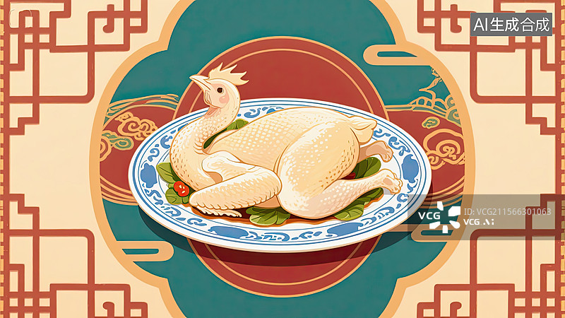 【AI数字艺术】中华美食，白切鸡，鸡肉，食物，插画图片素材