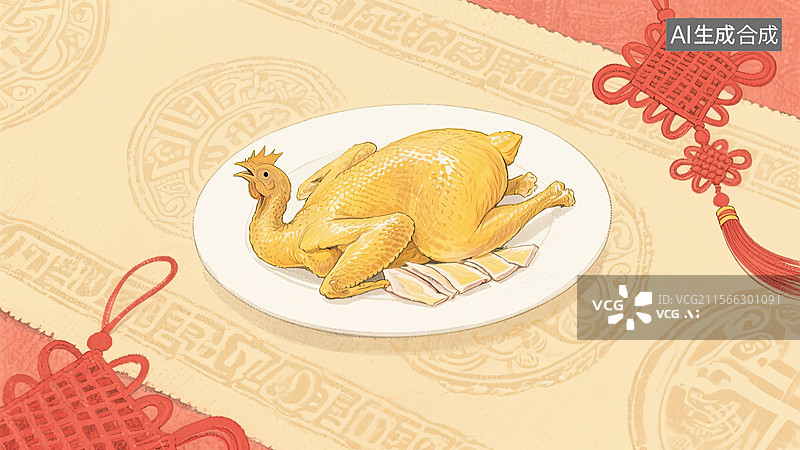【AI数字艺术】中华美食，白切鸡，鸡肉，食物，插画图片素材