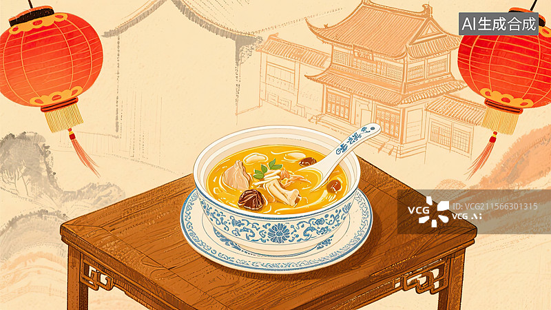 【AI数字艺术】中华美食，老火靓汤，高汤，食品，插画图片素材