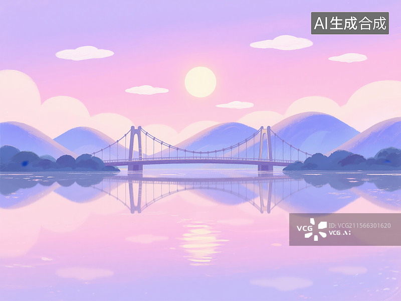 【AI数字艺术】梦幻黄昏下的悬索桥与山水倒影插画图片素材