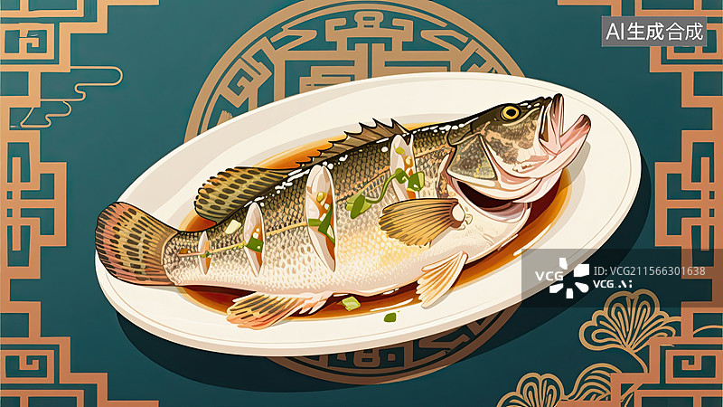 【AI数字艺术】中华美食，清蒸石斑鱼，美味，食物，插画图片素材