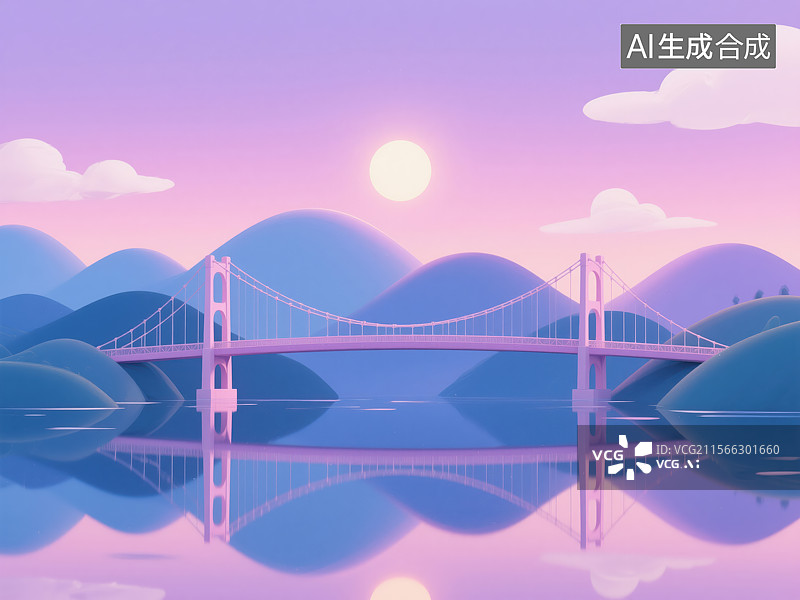 【AI数字艺术】梦幻黄昏下的悬索桥与山水倒影插画图片素材