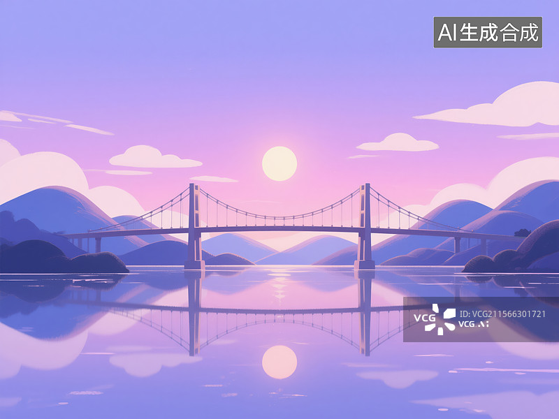 【AI数字艺术】梦幻黄昏下的悬索桥与山水倒影插画图片素材