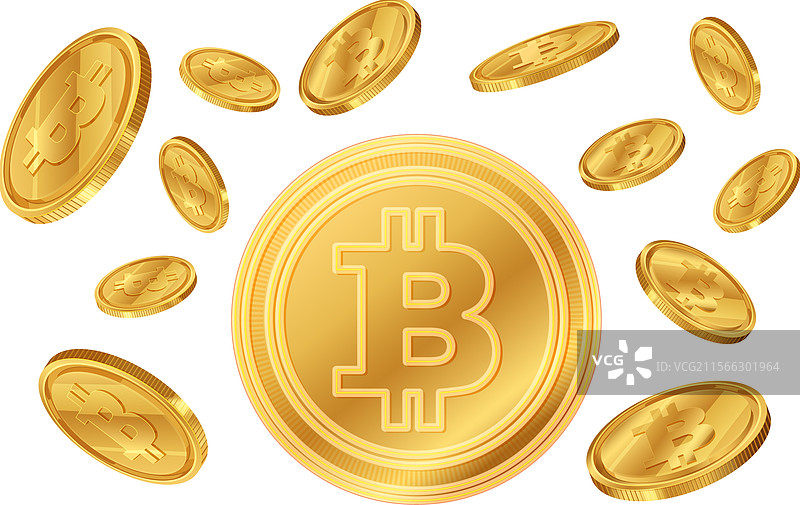 多个漂浮的金色比特币硬币图片素材