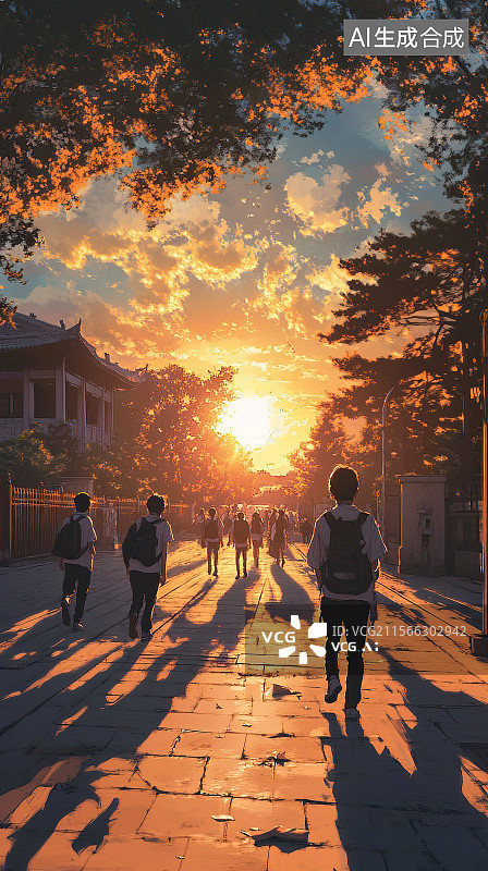 【AI数字艺术】全国高考日插画清晨考生们怀揣着梦想走在通往考场的阳光大道上图片素材
