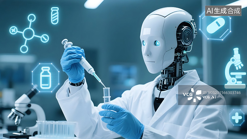 【AI数字艺术】未来科技人工智能机器人在实验室取样图片素材