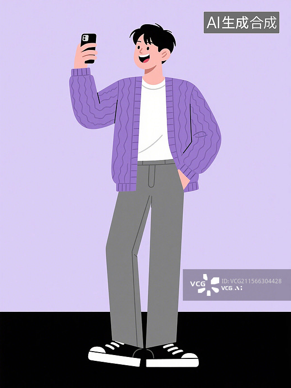 【AI数字艺术】紫衣男子举手机拍照扁平插画图片素材