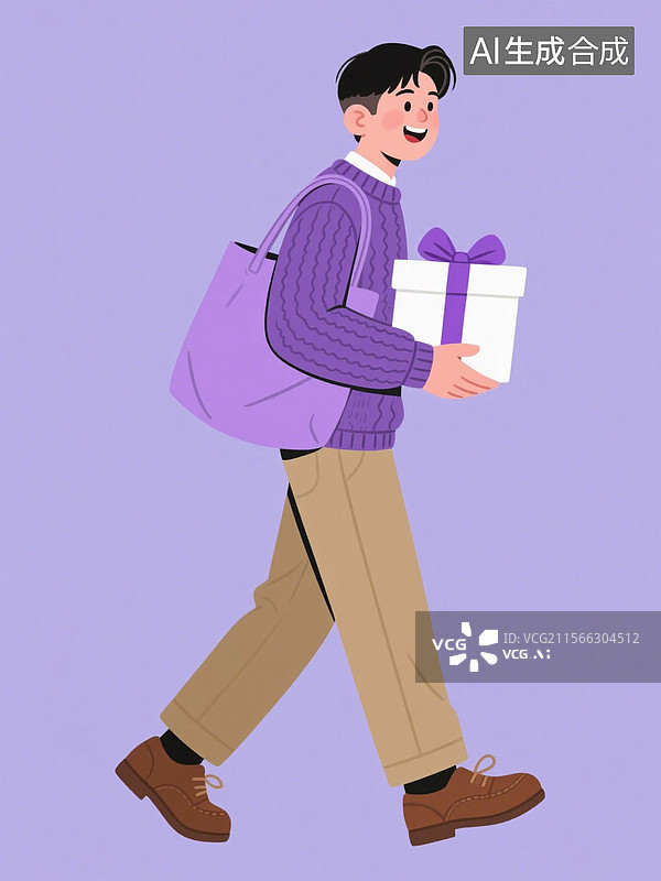 【AI数字艺术】时尚年轻男子抱着礼物盒插画图片素材