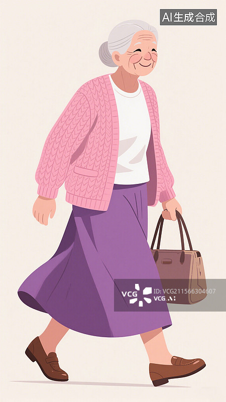 【AI数字艺术】粉衣老年女性提包行走插画图片素材