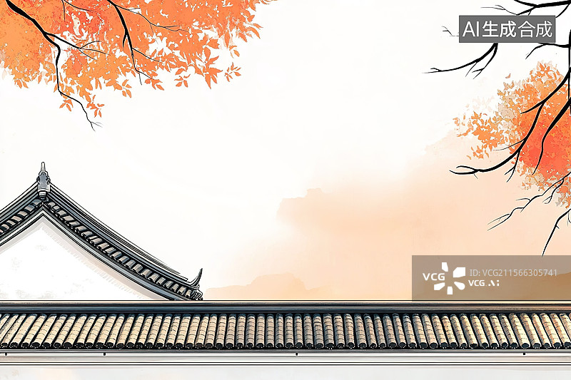 【AI数字艺术】秋天黄色落叶背景下的中国传统古建筑马头墙插画图片素材
