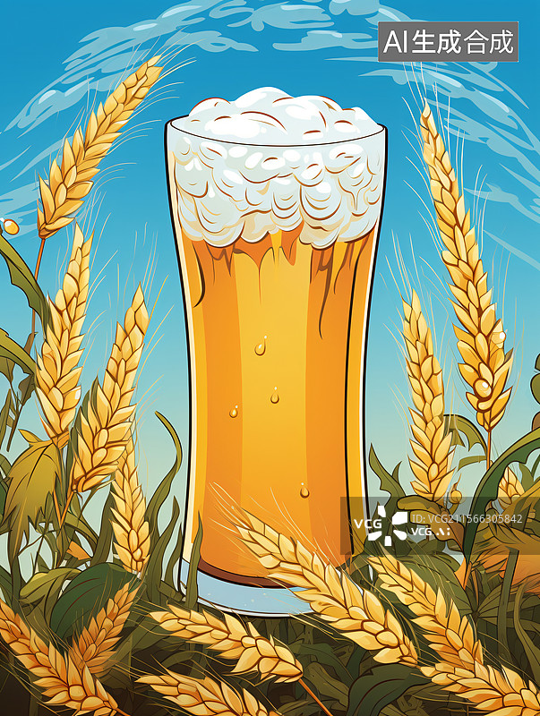 【AI数字艺术】麦田中啤酒插画图图片素材