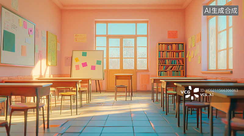 【AI数字艺术】暖色调明亮教室场景图片素材