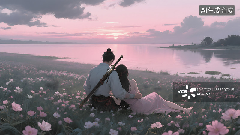 【AI数字艺术】花海中的武侠爱恋图片素材