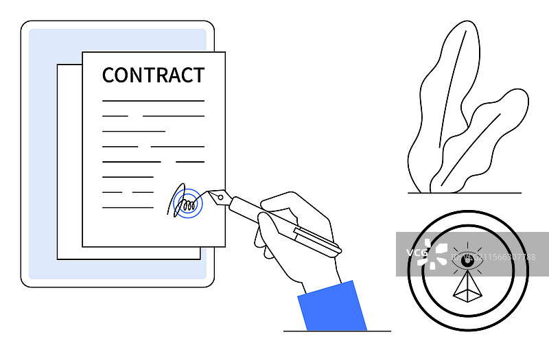 在数字平板上签署合同，旁边有一片叶子图片素材