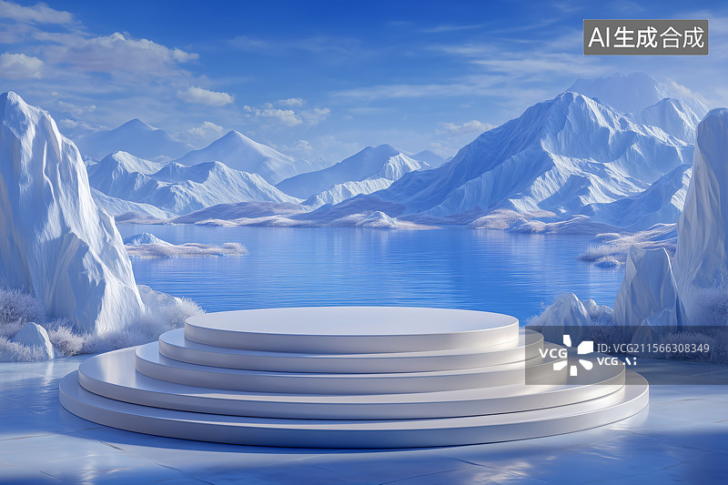 【AI数字艺术】雪山湖泊3d圆形展台图片素材