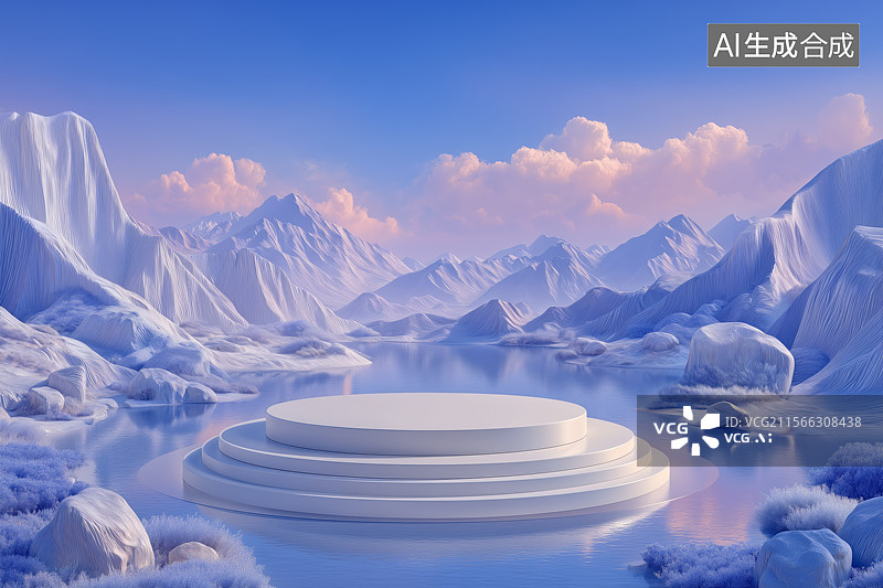 【AI数字艺术】雪山湖泊3d圆形展台图片素材