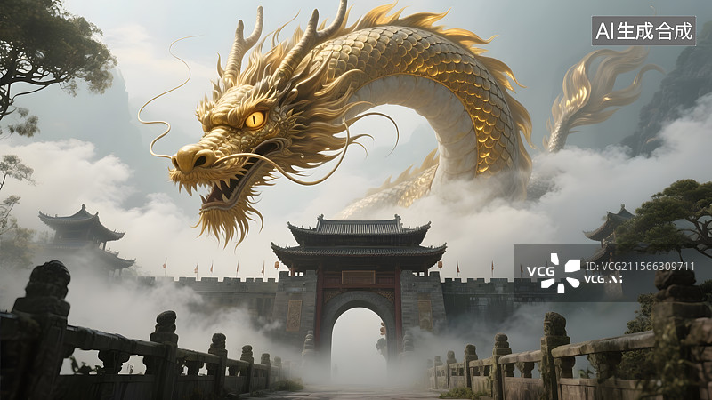 【AI数字艺术】亭台楼阁山水园林等中式建筑以及超现实主义龙凤凰城墙等中国风游戏场景图图片素材