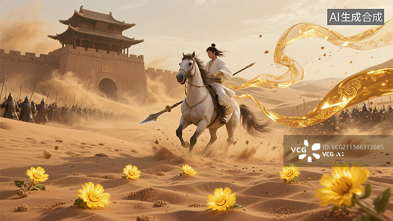 【AI数字艺术】国风游戏原画场景   三维古风场景中战甲将军披风，策马挥戟横扫敌军，黄沙风暴图片素材
