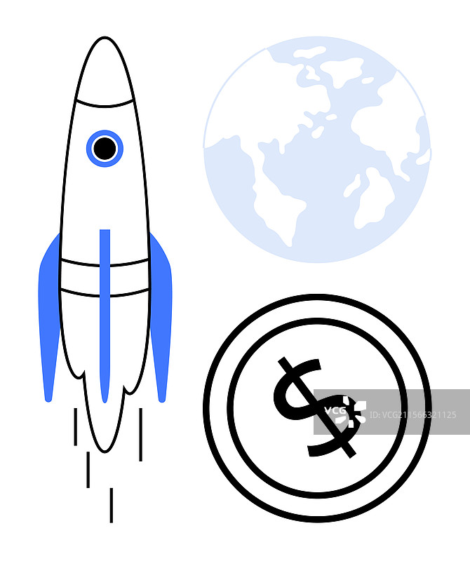 火箭发射与美元符号和全球图案图片素材