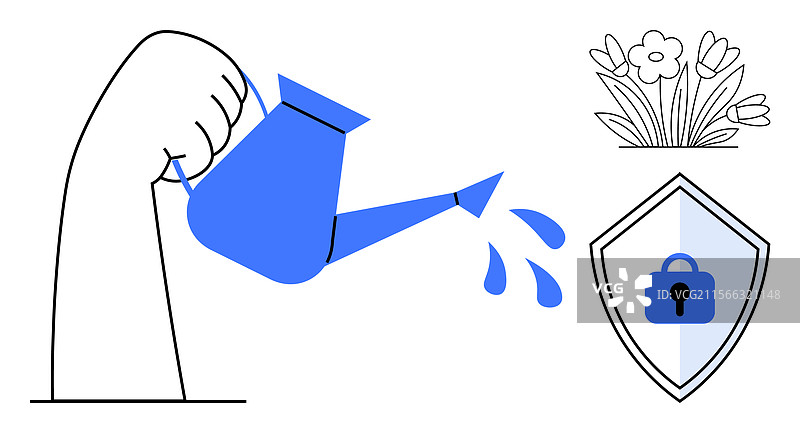 浇水壶、花朵和带锁的盾牌图片素材