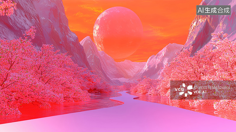 【AI数字艺术】3D樱花树高山山谷路面禅意梦幻高级感时尚大气国潮艺术中国风游戏场景图粉色红色背景图片素材