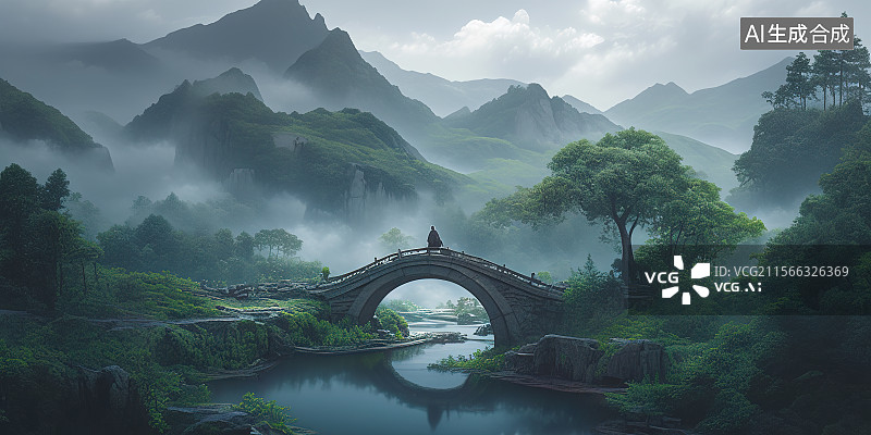 【AI数字艺术】国潮风中国风游戏场景概念设计写实厚涂插画 山谷湿地瘴气松树岩石山峰拱桥河平静溪水云雾烟气缭绕一个旅人图片素材