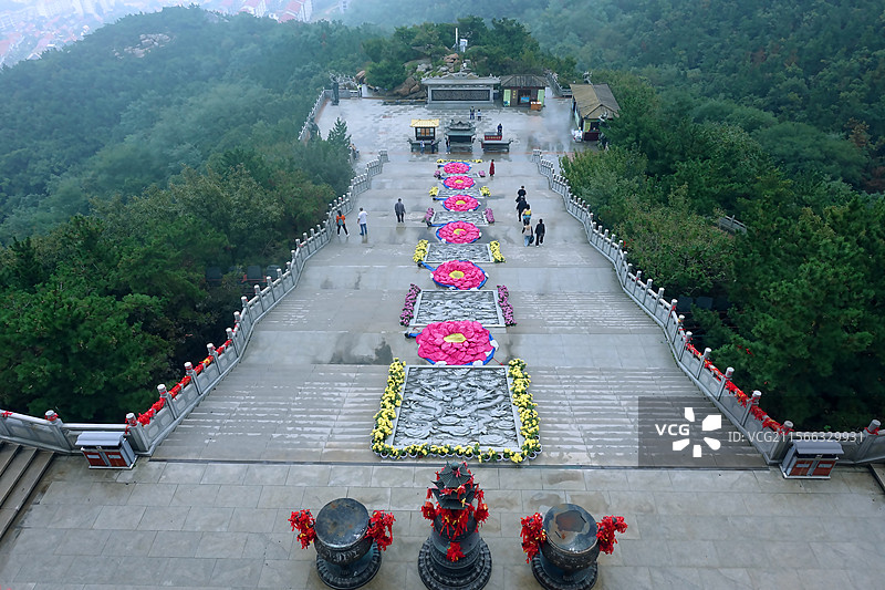 山东荣成赤山风景区  赤山大佛广场 荷花 台阶 松树 香炉 山图片素材