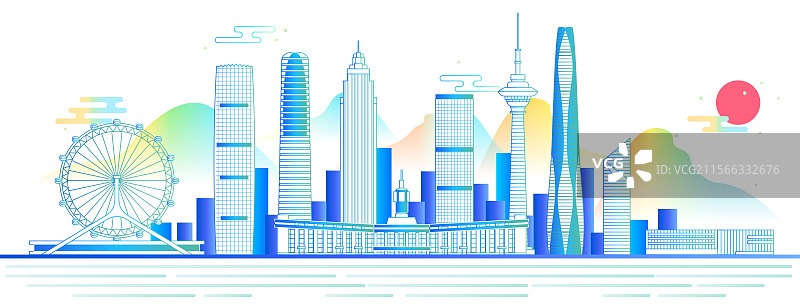 彩色地标建筑城市天际线矢量图新中式卡通插画图片素材