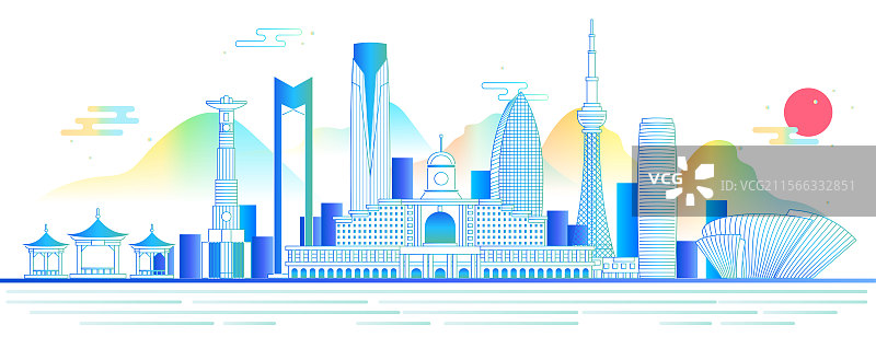 彩色地标建筑城市天际线矢量图新中式卡通插画图片素材