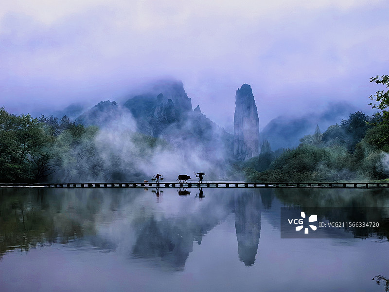 浙江丽水老牛过桥烟雨江南图片素材