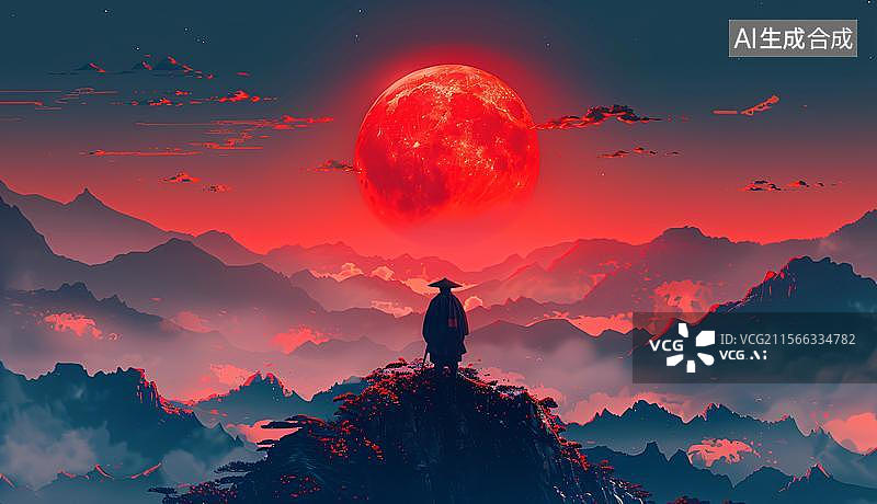 【AI数字艺术】血月下的孤寂行者   赤月山河的禅意   水墨江湖中国风武侠剑客水墨山水背景图片素材