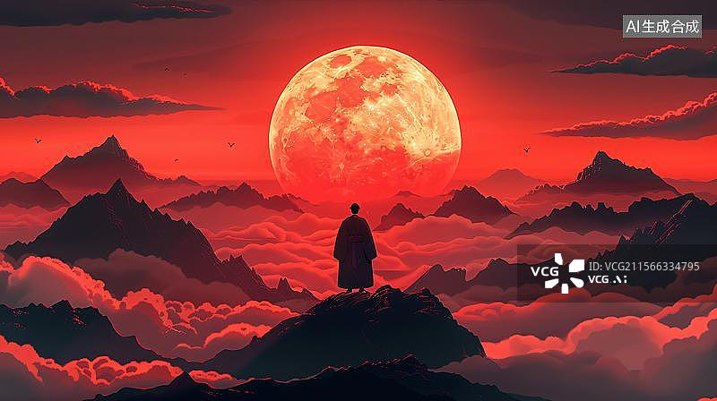【AI数字艺术】血月下的孤寂行者   赤月山河的禅意   水墨江湖中国风武侠剑客水墨山水背景图片素材