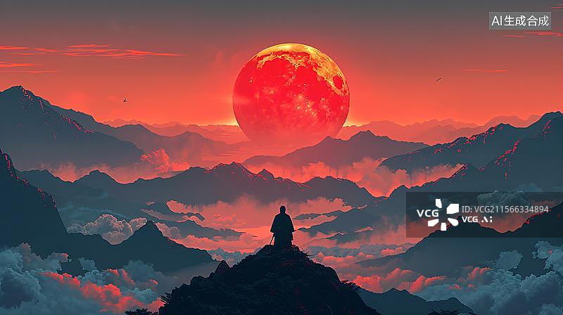 【AI数字艺术】血月下的孤寂行者   赤月山河的禅意   水墨江湖中国风武侠剑客水墨山水背景图片素材