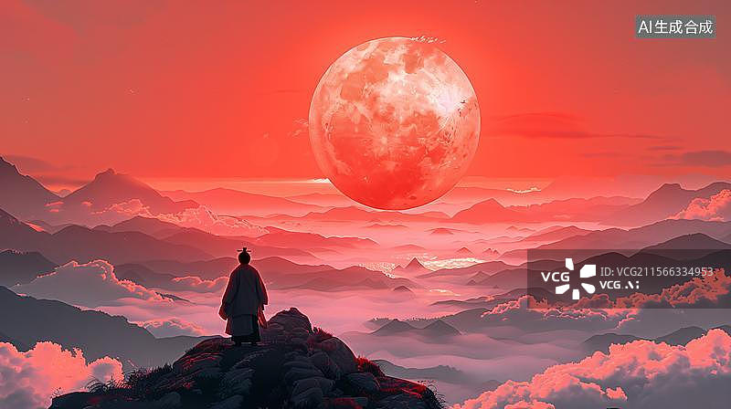 【AI数字艺术】血月下的孤寂行者   赤月山河的禅意   水墨江湖中国风武侠剑客水墨山水背景图片素材